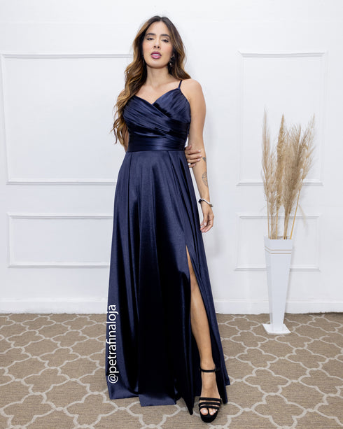 VESTIDO ALCINHA DRAPEADO RODADO VESTIDO DE FESTA PETRA FINA AZUL MARINHO P